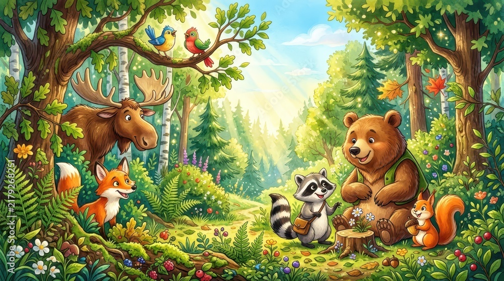 Obraz premium Cheerful Cartoon Forest Animals Gathering in a Sunny Woodland Clearing Illustration for Children's Books