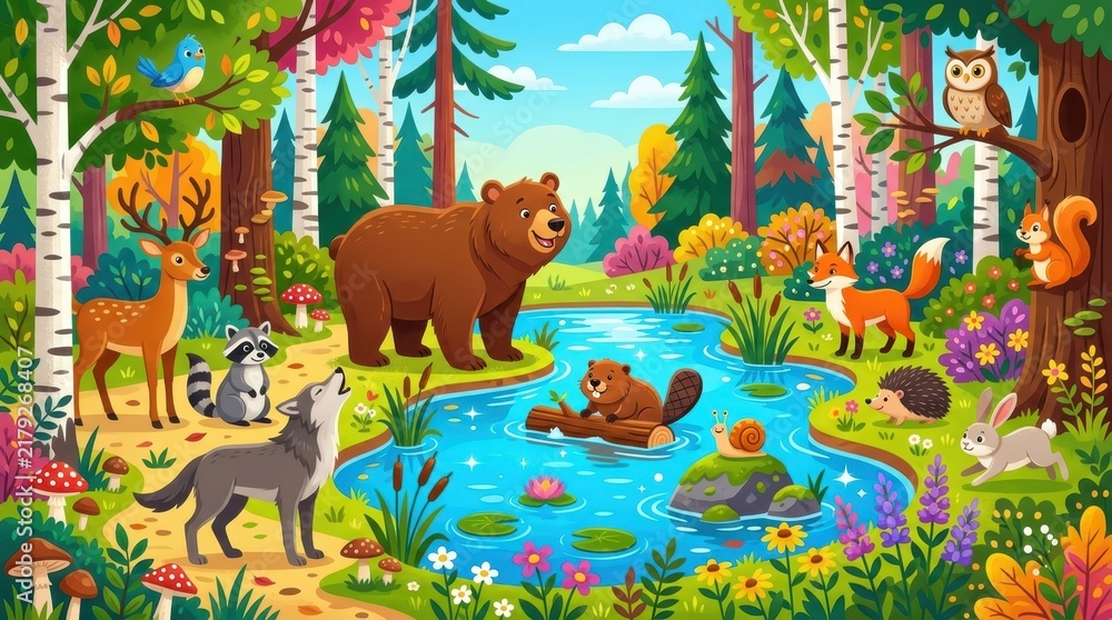 Fototapeta premium Colorful Cartoon Forest Scene with Cute Wild Animals Gathering Around a Pond in a Sunny Woodland Illustration