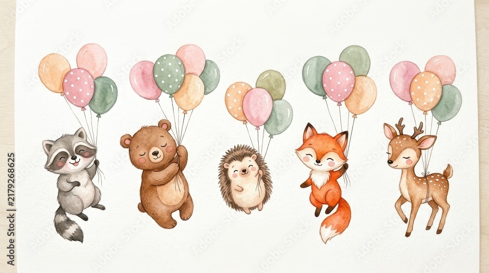 Obraz premium Cute Watercolor Woodland Animals Floating with Colorful Balloons Set - Raccoon, Bear, Hedgehog, Fox, and Deer Nursery Illustration