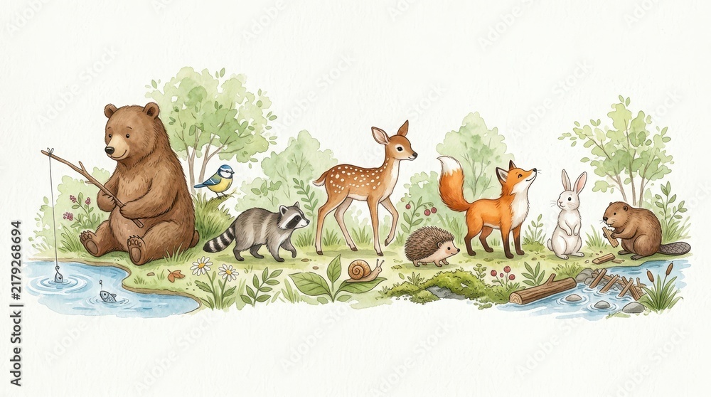 Obraz premium Watercolor Forest Animals Illustration with Bear, Deer, Fox, and Raccoon in a Woodland Scene
