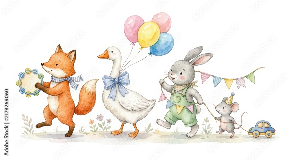 Obraz premium Watercolor Illustration of Cute Forest Animals Parade with Fox, Goose, Rabbit, and Mouse for Kids Birthday Party