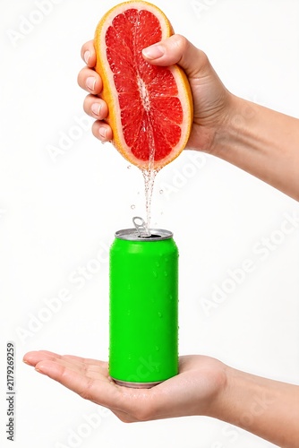 Squeezing fresh grapefruit juice into green drink can mockup healthy citrus focus