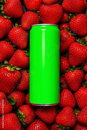 Cold energy drink can mockup on fresh strawberry fruit pattern summer refreshment