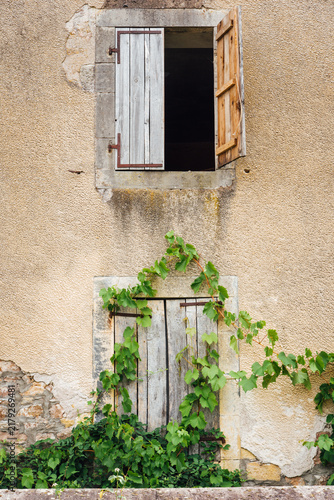 Vieille façade de maison rose avec un vieux volet en bois. Vigne vierge grimpant sur une maison abandonnée.