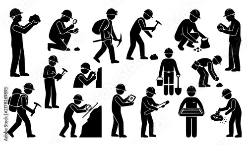 Foto Geologist Miner Silhouette Icon Set Featuring Man With Hardhat Using Tools Compa