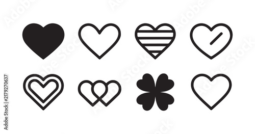 Black heart icon set symbolizing love and affection with solid, outlined, and patterned designs.