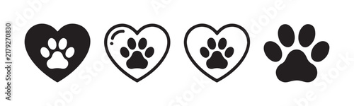 Cute paw print inside heart shape icons set for pet love and care.