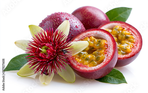 Fresh passion fruits and flower isolated on white