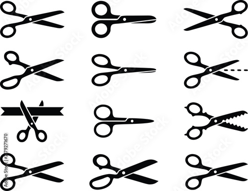Scissors and cutting tool icon set in solid black silhouette