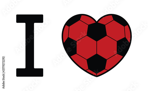 Bild auf Leinwand I Love Football Heart: A graphic illustration of the letter 'I' next to a stylized heart shaped like a soccer ball, featuring red and black hexagonal panels, representing passion for the sport