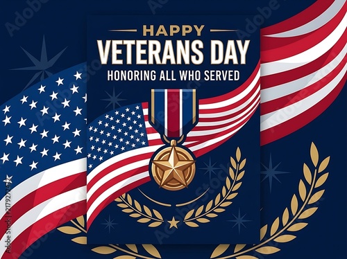 Happy veterans day greeting card design with usa flag and military bronze medal on blue background