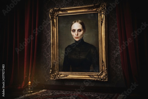 Gothic Haunted Portrait of Pale Woman in Gold Frame Beside Red Curtains