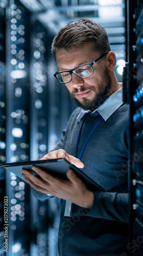 IT engineer holding a tablet while inspecting a tall server rack, modern data center, dramatic blue ambient lighting, vertical corporate technology photography, sharp realistic details