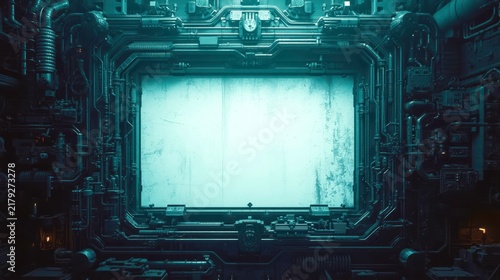 Cyberpunk screen frames a glowing, weathered display