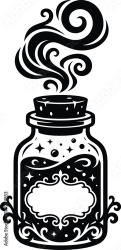 Black and white vector illustration of a magical potion bottle with swirling smoke and decorative frame