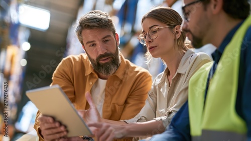 Three professionals collaborating on a tablet in a warehouse environment. The man in the foreground has a beard and is wearing an orange shirt, while the woman next to him is wearing glasses.