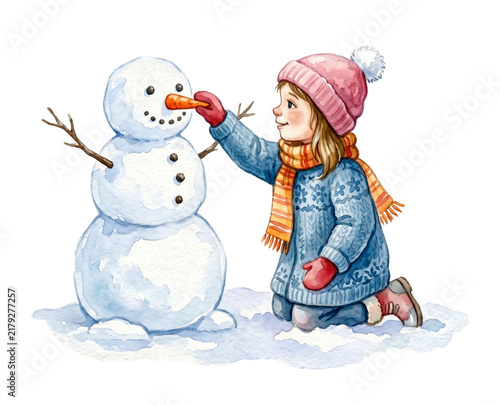 Christmas child building snowman watercolor illustration isolated on white or transparent background with girl making snowman