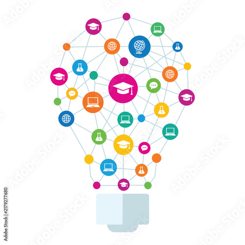 Education light bulb concept with connected icons for digital learning and academic research