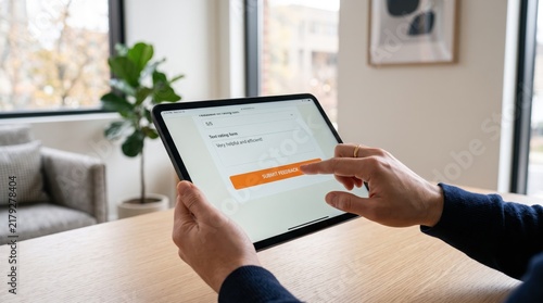Person using tablet computer to fill out customer satisfaction survey form with five star rating and submit button, depicting user experience, online feedback, quality assurance