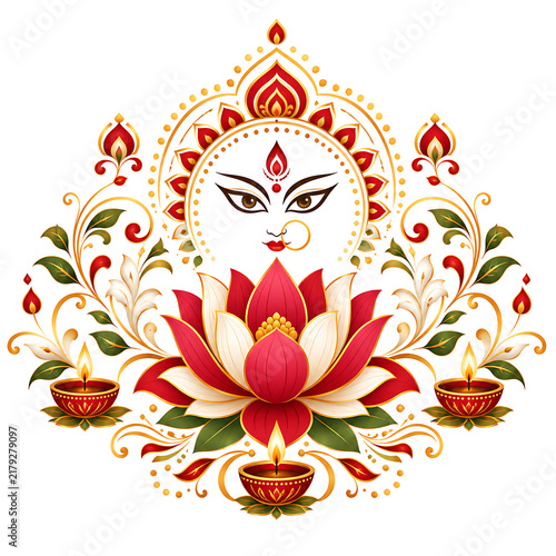 Intricate illustration of goddess durga with lotus flower and traditional oil lamps