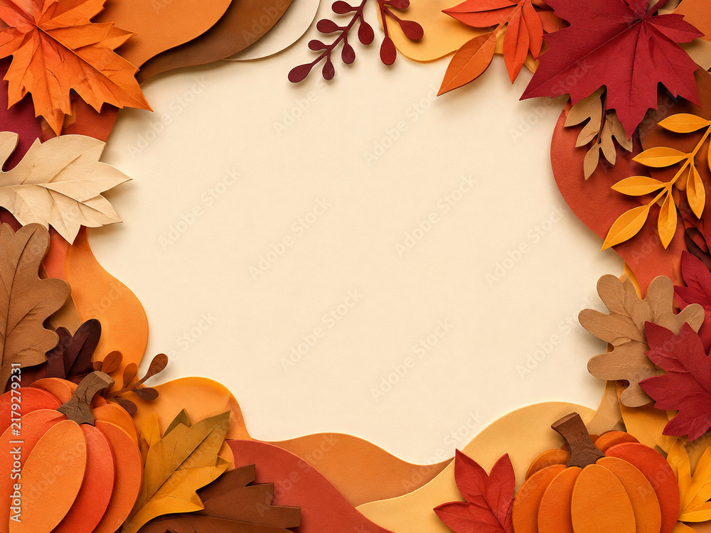 Fototapeta premium Paper cut autumn leaves and pumpkins decorative frame