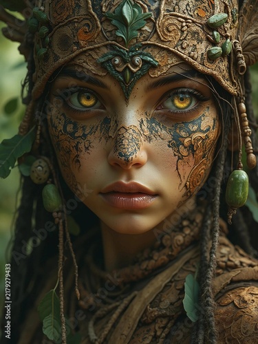 Close Up Portrait of Fantasy Tribal Woman with Glowing Golden Eyes