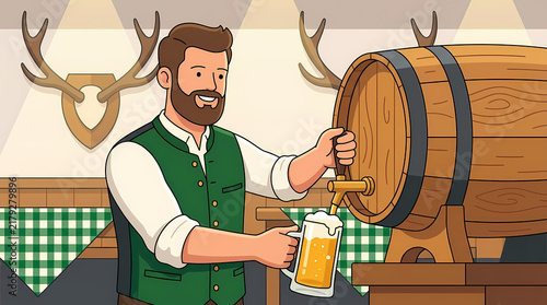 Man in traditional German attire pouring beer from a wooden barrel