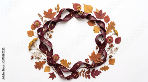 Top-down flat lay of burgundy sealing wax and pressed autumn botanicals with copy space