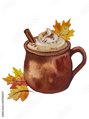 Hand-painted watercolor illustration of a brown cup of latte with foam, a cinnamon stick, and yellow autumn leaves, isolated on a transparent background
