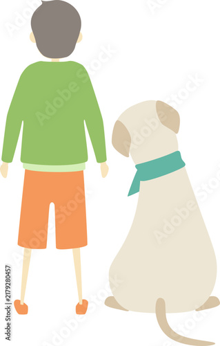 寄り添う犬と男の子の後ろ姿