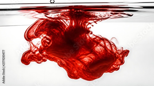 Red ink cloud dispersing underwater macro photography.