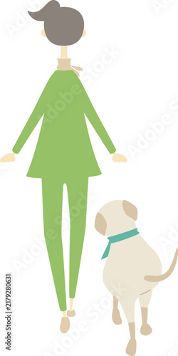 歩いている犬と女性の後ろ姿