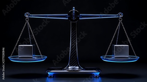 Blue illuminated justice scale balancing two cubes.