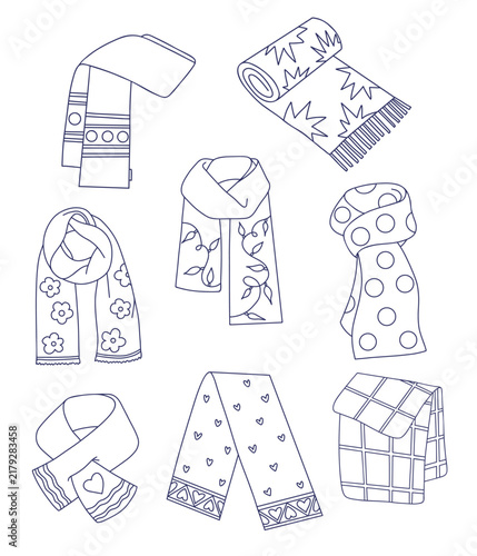 Patterned Scarves Line Art Set. Outline Winter Cozy Knitted Scarf Doodle Collection. Vector Illustration. Isolated Hand Drawn for Coloring Book, Craft and Fashion Design.