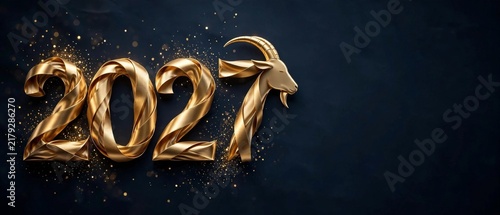 Ring in 2027 stunning golden goat design featuring vibrant fireworks festive graphics
