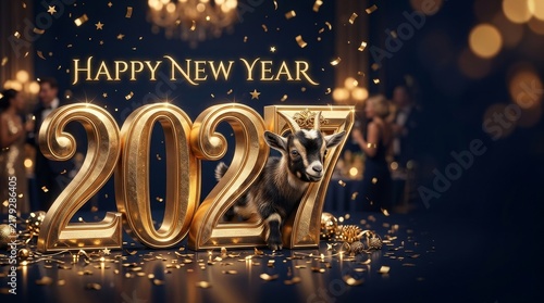 Ring in 2027 festive goat surrounded by dazzling fireworks in vibrant celebration atmosphere