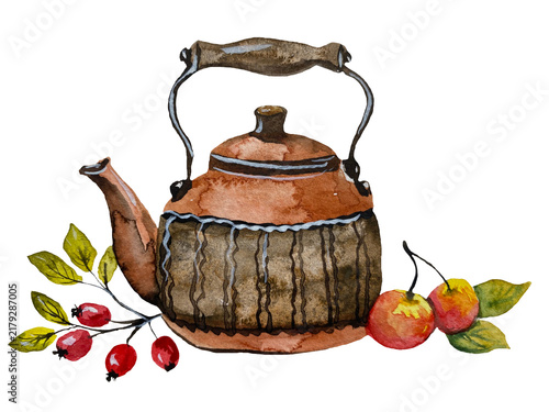 Hand-painted watercolor illustration of a brown vintage teapot with tea and a barberry branch with berries, isolated on a transparent background