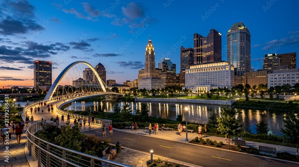 Fototapeta premium Columbus Skyline at Dusk with Scioto Mile Bridge and River