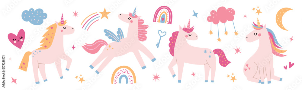 Obraz premium Unicorn vector set with cute pink magical horses, pegasus, rainbows, stars, moon and clouds. Nursery fantasy collection for kids.