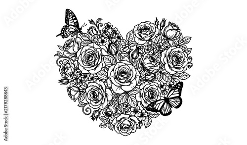 Romantic heart shaped rose bouquet with butterflies black and white vector illustration