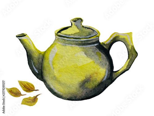 Hand-painted watercolor illustration of a yellow green ceramic teapot with tea and autumn leaves, isolated on a transparent background