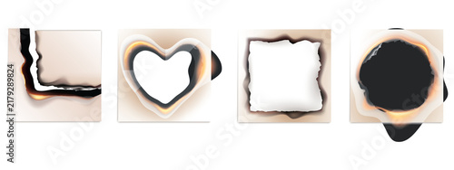 Set of burnt paper frames with charred edges on white background