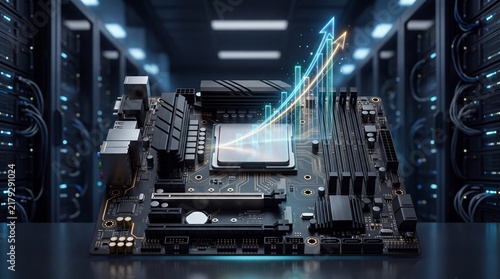 Obraz na płótnie High-tech motherboard showcasing advanced computing technology and data processing capabilities for modern systems.