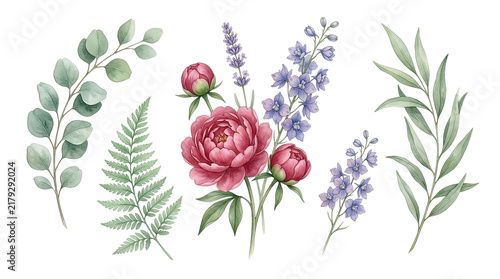 Bright Floral Arrangement with Red Peony and Purple Lavender