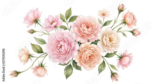Soft Pink Peach Rose Bouquet Watercolor Floral Arrangement
