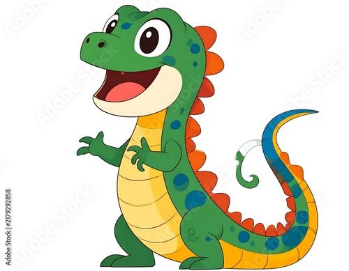 Cartoon green alligator with red hat and scarf.