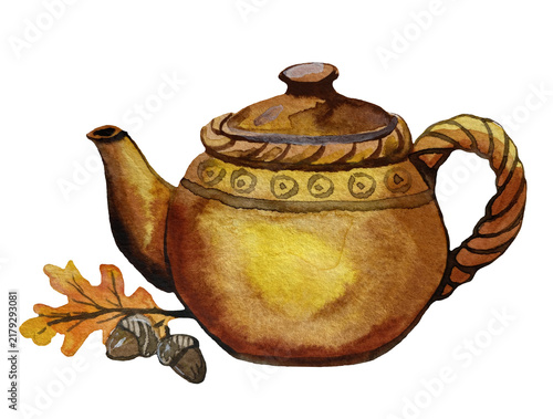 Hand-painted watercolor illustration of a copper-colored teapot with tea, an autumn oak leaf, and acorns, isolated on a transparent background