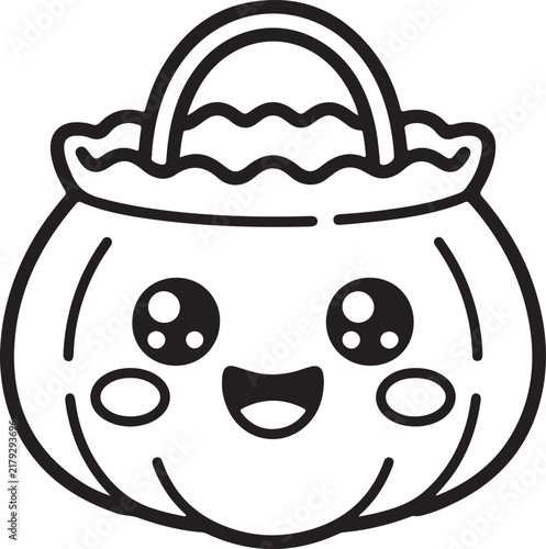 Cute pumpkin bucket vector illustration for Halloween coloring page, featuring a kawaii jack o lantern design with big happy eyes and friendly smiling face isolated on white background