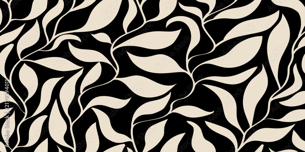 Obraz premium Vintage tropical leaves seamless pattern on black. Botanical floral design with leaves shapes. Modern floral print for textile, fabric, wallpaper, wrapping, gift wrap, paper and packaging