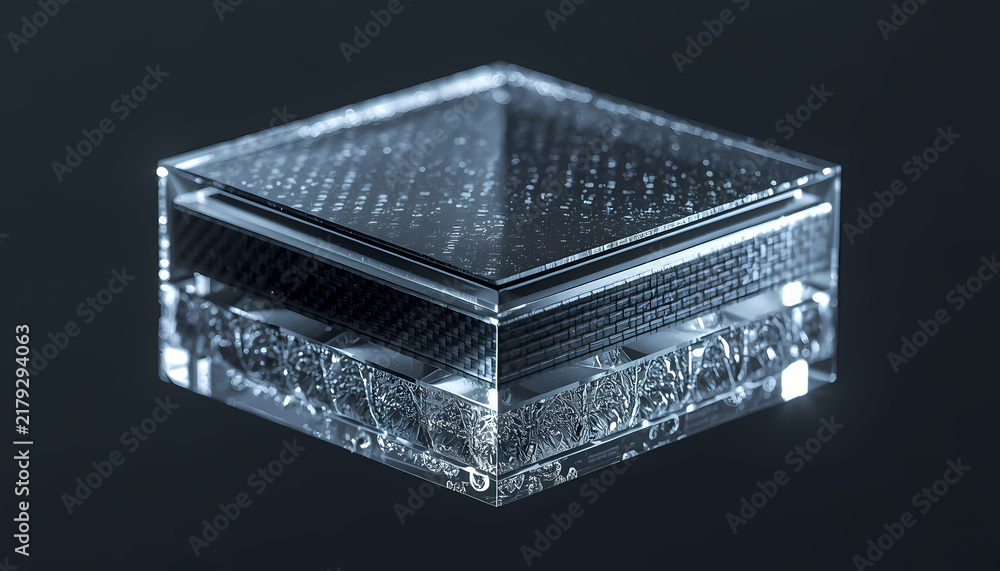 Fototapeta premium Futuristic solid state battery cell technology concept with transparent glass casing and internal carbon layers, generative ai